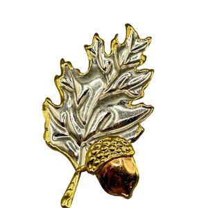 Oak Leaf Acorn Pin Brooch Brutalist Handcrafted Mixed Metals Oversized Signed SJ